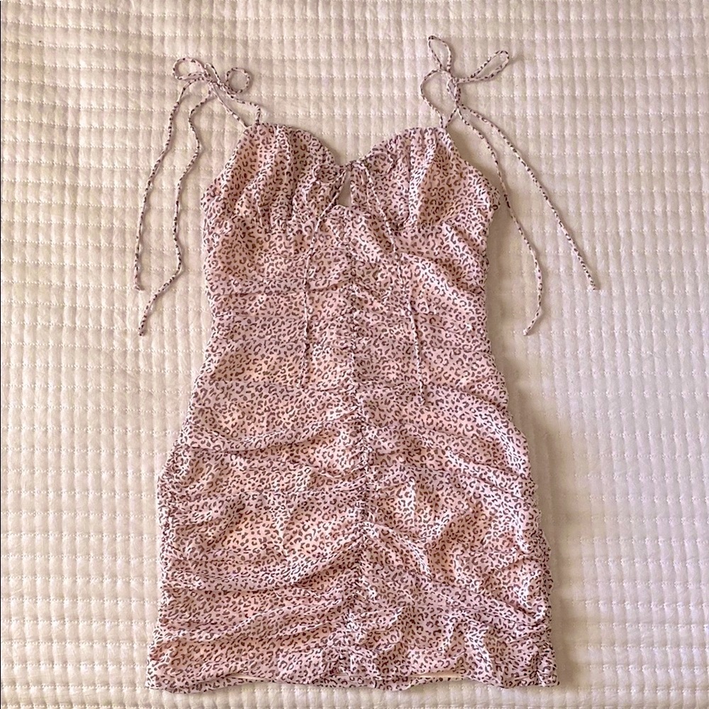 Cotton Candy - Baby Pink & Brown Ruched Leopard Mini Dress, Size S